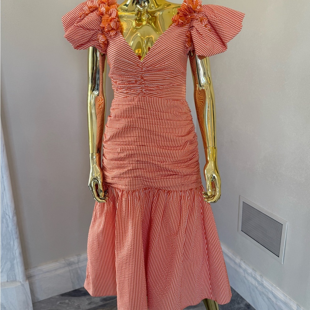 Striped Orange Carolina Herrera Dress with Floral Accents